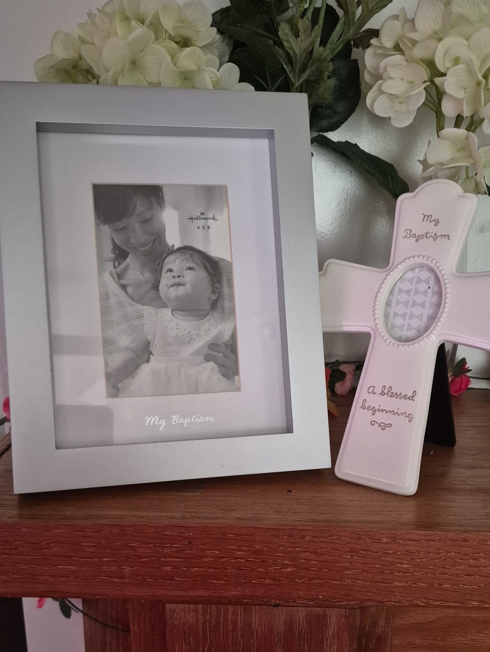 Hallmark Pink Baptism Cross & Silver Frame Accent